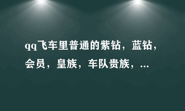 qq飞车里普通的紫钻，蓝钻，会员，皇族，车队贵族，情侣贵族用q币充值的话要多少q币