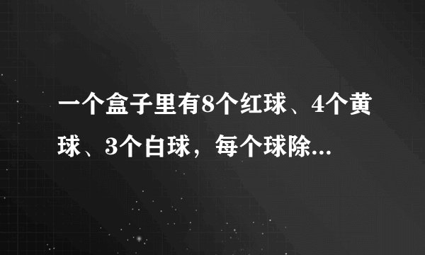 一个盒子里有8个红球、4个黄球、3个白球,每个球除颜色不同外,其它的没有区别,李明同学现在从盒子里任意摸出一个球,他摸到______球的可能性最大,他摸到白球的可能性是______(此处必须填最简分数).