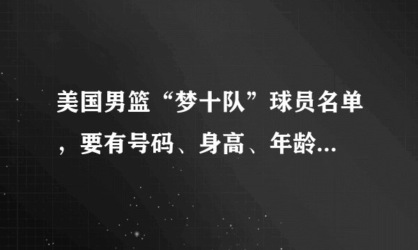 美国男篮“梦十队”球员名单,要有号码、身高、年龄...