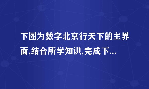 下图为数字北京行天下的主界面,结合所学知识,完成下列各题。(1)若家住济南的某同学计划利用暑假到北京旅游,打算住在天安门附近,便于早晨看升国旗。但他不知道住在什么饭店,他应如何利用“数字北京行天下”查询合适的旅店?(2)到了旅店后,他打算游览长城、故宫、颐和园,他将如何选择恰当的乘车路线?