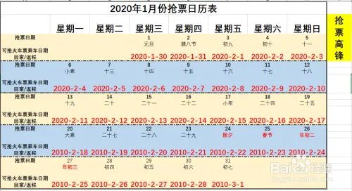 2020年春运抢票日历表