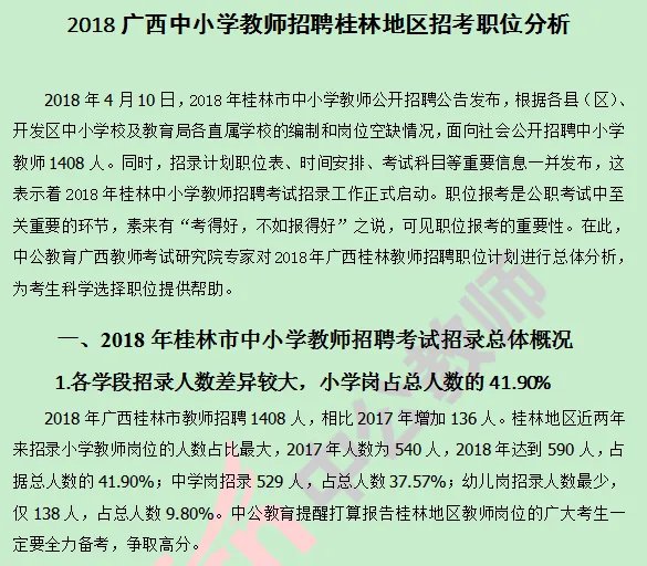 2018广西桂林教师招聘职位分析：语数英招录总和超总人数一半，小学岗占总人数41.90%